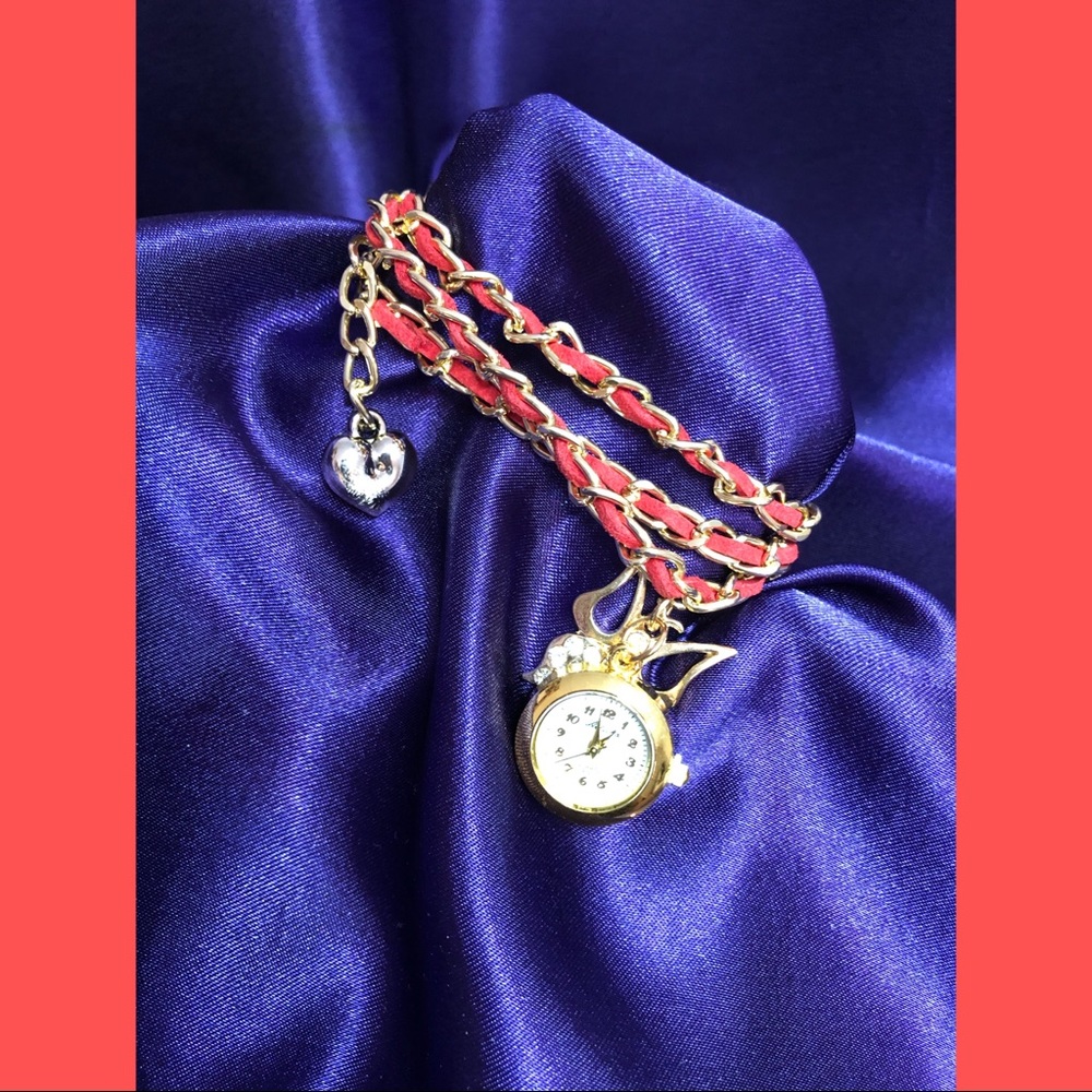 Convertible bracelet/necklace,red,watch,butterfly